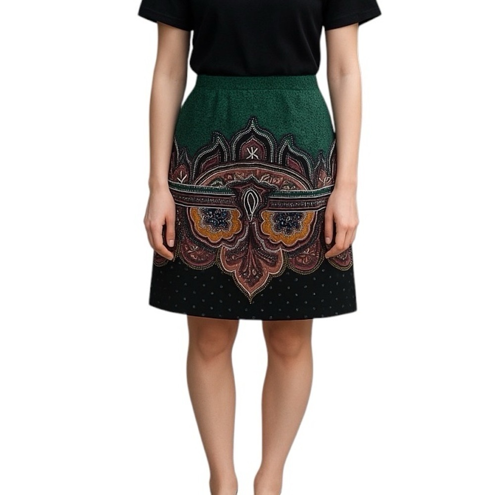 Edme & Esyllte Anthropologie Boho Paisley Cotton Pencil Skirt 2 Green Black